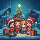 Enfants émerveillés autour d'un sapin de Noël